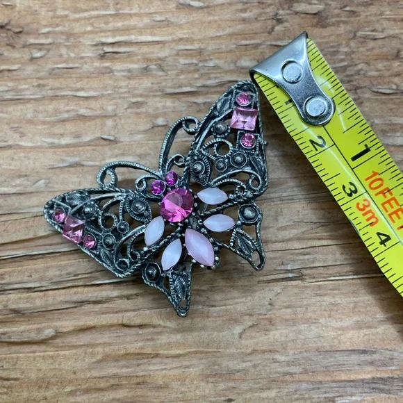 Butterfly Pink Rhinestone Gun Metal Filigree Brooch Pin - Picture 6 of 6